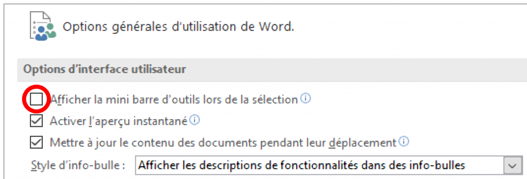 Désactiver la mini barre d'outils