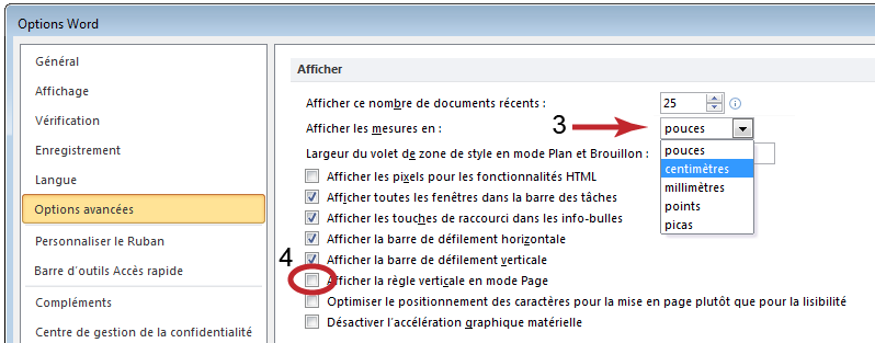 Options de la règle de Word